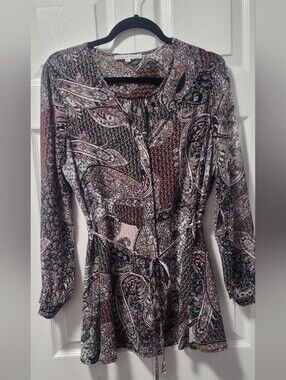 Cleo Petites Paisley Mixed Print Tie-Waist Tunic Blouse